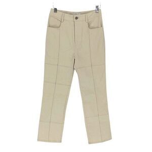 Isalis High Rise Cotton Twill Khaki Pants Block Stitching Pockets Ivory Size Sma